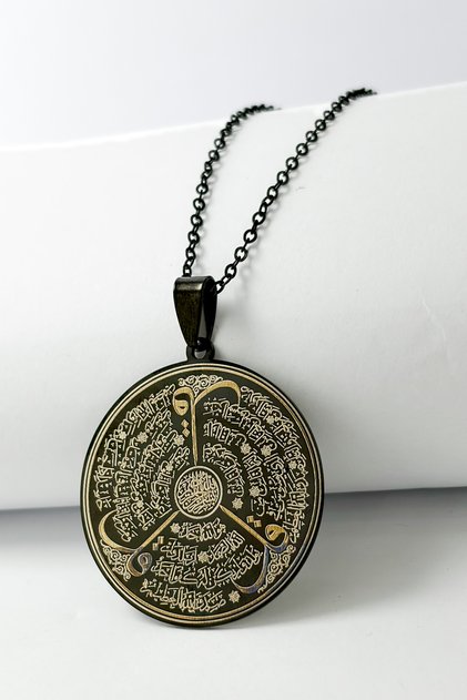 3.5 cm Plate Black Color Double Sided Felak, Nas, Ihlas & Tasavvufi Hi̇ç Written 60 cm Accordion Chain 316L Stainless Steel Necklace