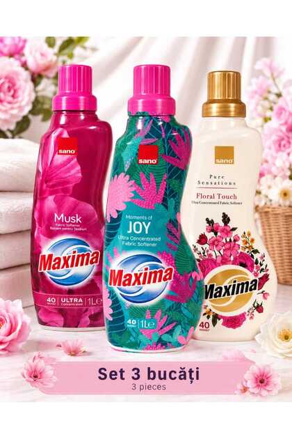 Set 3 x Maxima Balsam de Rufe Ultra Concentrat 1 L – Musk, Joy și Floral Touch, 40 Spălări/buc, Total 3 L