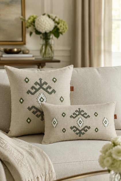 Modern Tufting Punch Embroidered Linen Blend Throw Pillow Cover Set Living Room Decor (43X43+30X50 cm)