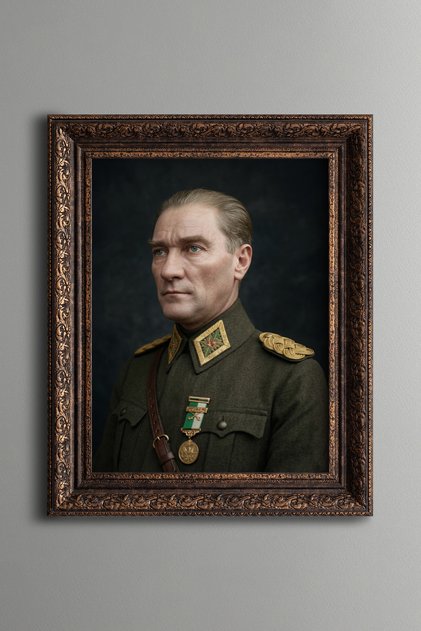 Ataturk Portrait in Uniform - Vintage Patterned Painting - Thick Model