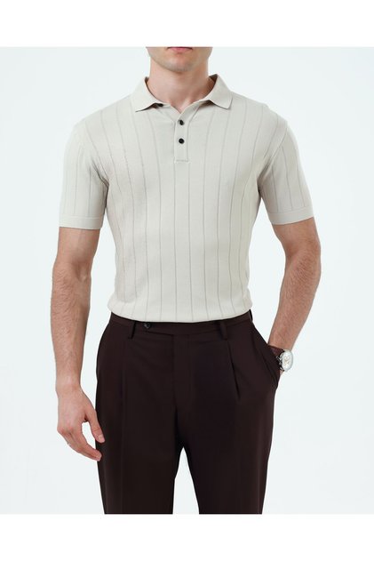 Italian Style Slim Fit Polo Collar Knitwear T-Shirt Beige T13774