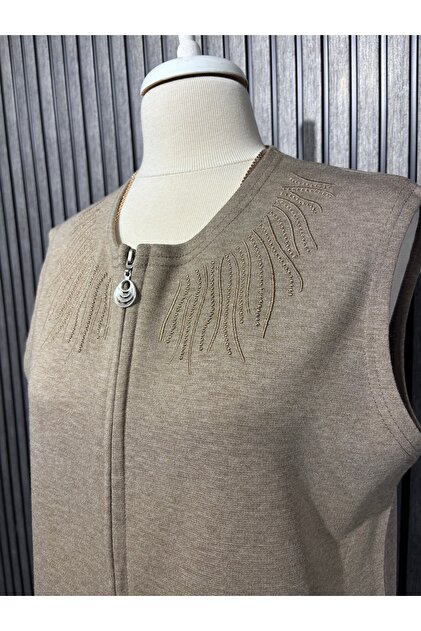 Özenli Triko Steel Knit Zippered Long Tunic Mother's Vest - Trendyol