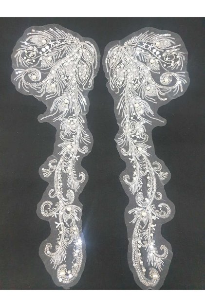 White Pearl Detailed Embroidery Guipure Applique Decorative Strip 2 Pieces