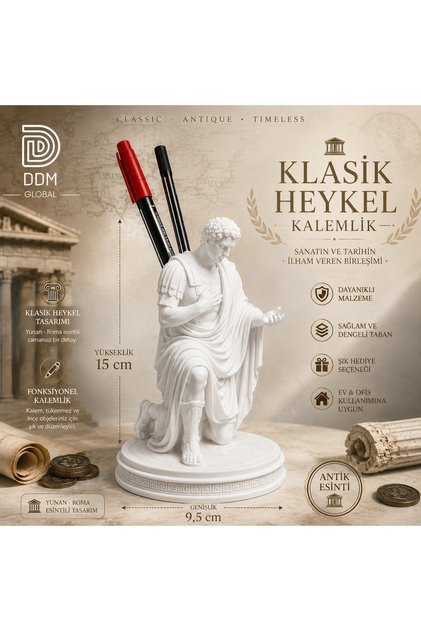Antik Roma Heykel Kalemlik Beyaz Dekoratif Masaüstü Organizer Ofis Kalem Tutucu 15 cm