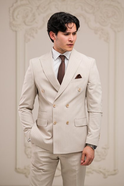 Slimfit Italian Collar Lined 6 Drop Double Slit Striped Double Breasted Suit
