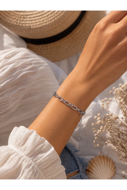 Steel Thick Oval Ring Women's / Men's Bracelet with Gold / Silver Extension Chain