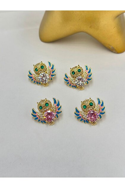 Single Stone Detailed Owl Earrings (Steel) Gold