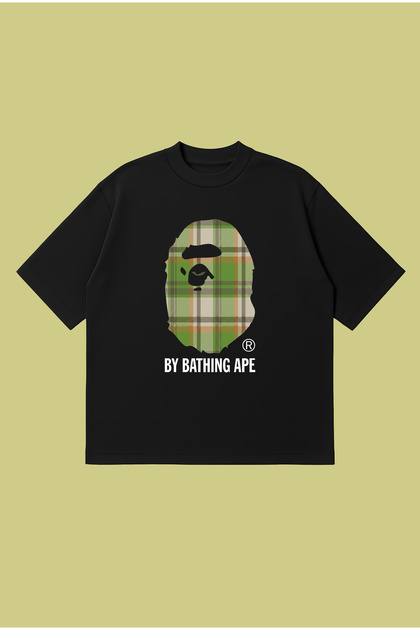 Green Plaid Bape Printed Oversize Boxy Cut Unisex 100% Cotton Tshirt |   Streetwear