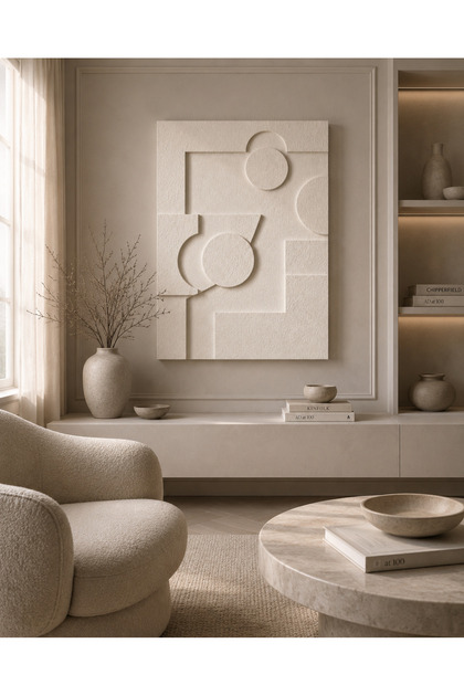 VETRA - El Yapı 3 Boyutlu Dokulu Doğal Taş ve Alçı Rölyef Tablo-Minimal İskandinav Modern Duvar Dekoru