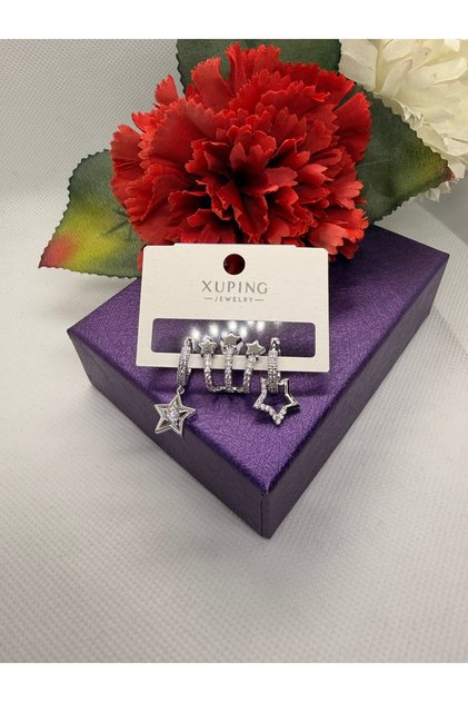 Silver Color 3-Piece Steel Earrings with Zircon Stone and Star Shape