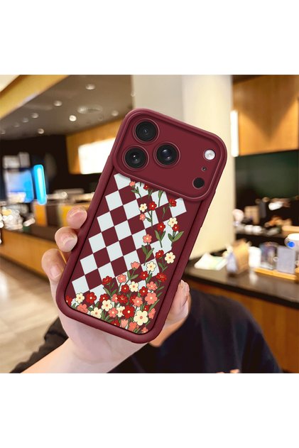 iPhone 17/18 Pro Max Compatible Case Camera Protector Burgundy Silicone Couple Phone Case Floral Pattern