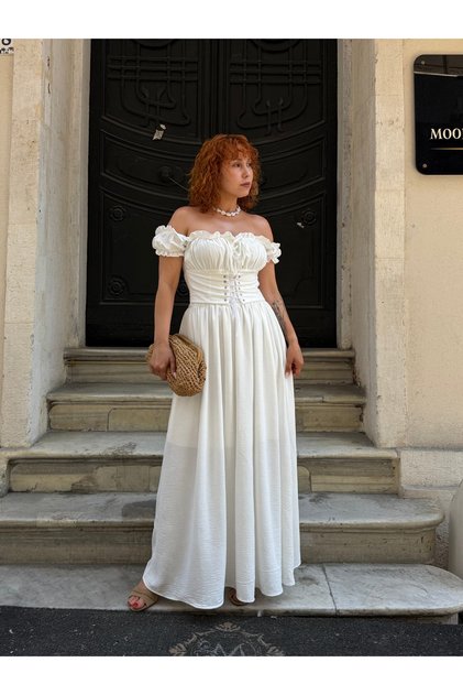 Women's White Corset Look Madonna Collar Long Maxi Dress