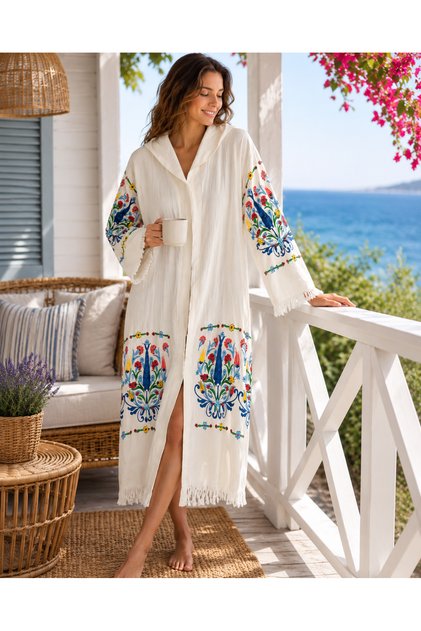 Muslin Stone Print Tulip Bathrobe Hooded, 100% Cotton - Hooded - Sea-Spa-Pool-Bath Unisex Bathrobe
