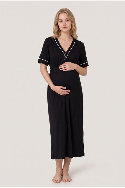 Women's Black Ribbed Buttoned New Season Maternity Nightgown Set with Breastfeeding Feature