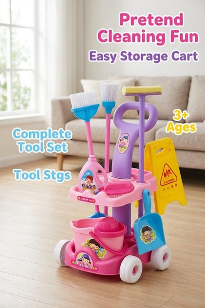 1 Abs Pretend Play Cleaning Set Broom Mop Trolley Smooth Wheels Role Play Home