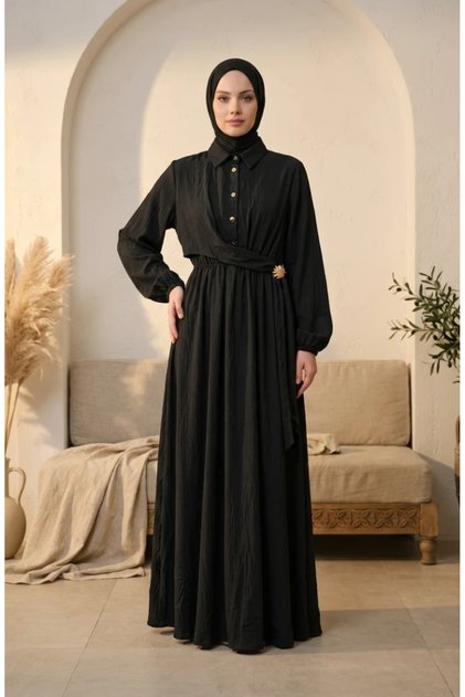 Half Buttoned Elastic Waist Dress 0319-03 Black