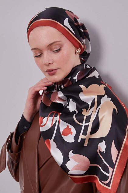 Red - Black Tulip Pattern Crystal Scarf