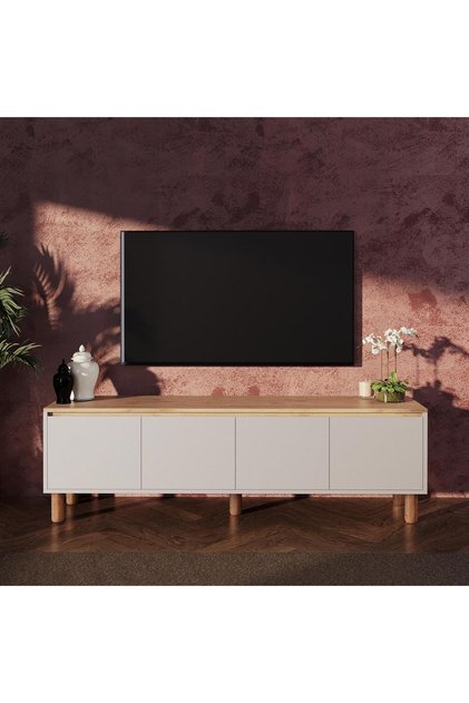 D4120 Terra 180cm Sepet-Kumtaşı TV Ünitesi Yüksek Ayaklı 4 Kapaklı Televizyon Sehpası Depolama Dolap