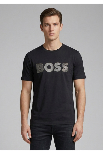 Erkek Regular Fit Yuvarlak Yakalı Logo Detaylı Pamuklu Kısa Kollu Siyah T-Shirt
