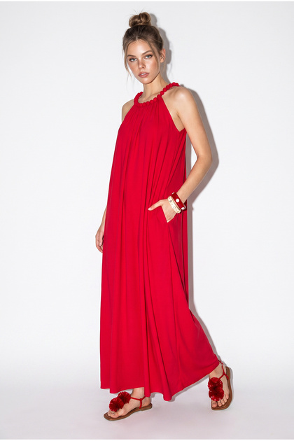 Women's Red Beaded Strap Detailed Halter Neck Pocket Detailed Flowy Maxi Dress 2804 60286395