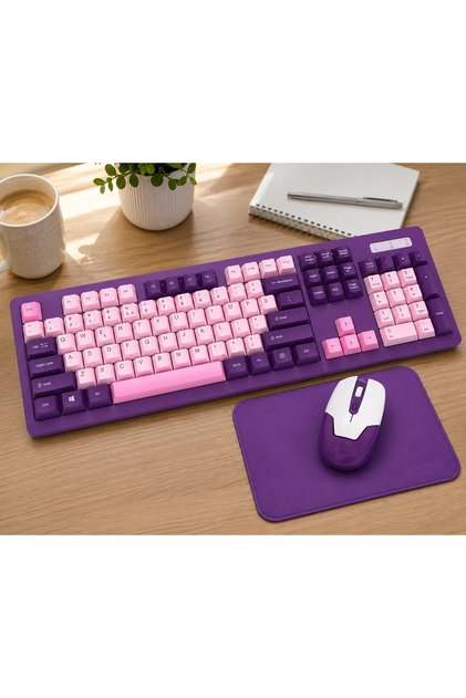 WS737- 2.4g Kablosuz Klavye Mouse Mousepad Seti | Mor Pembe Tasarım | Sessiz Tuşlu Ergonomik Wireless Klavye
