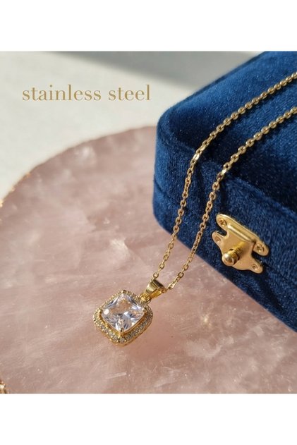 316L Steel Chain Gold Color Big Baguette Stone Necklace