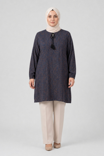 Women's Geometric Speckled Patterned Crew Neck Lace-Up Woven Viscose Tunic