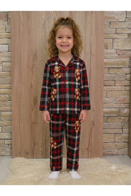 Girl's Cotton Plaid Teddy Bear Patterned Long Sleeve Shirt Collar Buttoned Seasonal Pajama Set