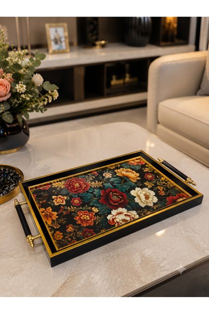 Premium Mirrored Efsun Black Framed Decorative Tray with Gold Detail 46X28 cm