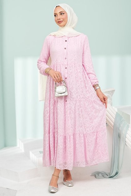 Pink Half-Buttoned Skirt Layered Jacquard Dress