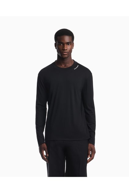 Men's Regular Fit Collar with Embroidered Logo Detail Long Sleeve Black T-Shirt