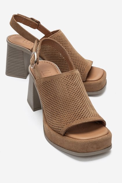 Penvia Tan Suede Genuine Leather Women's Thick Heeled Sandals