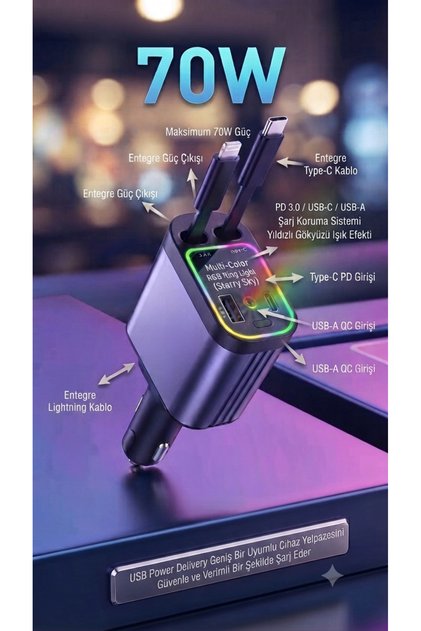 Starry Sky 70W Araç İçi Çoklu Şarj Cihazı USB Type-C ve iOS Çıkışlı Dijital Gösterge Uzatılabilir Kablo