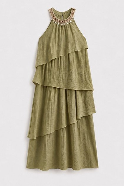 Khaki Dress with Embroidered Collar 3454