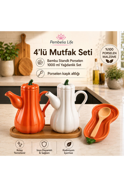 4’lü Mutfak Düzen Seti Bambu Standlı 2’li Porselen Bal Kabak Model 1000 ml Yağdanlık Yağlık Set Porselen Kaşık Altlığı
