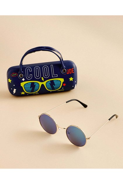 Girls Blue Round Sunglasses With Printed Case