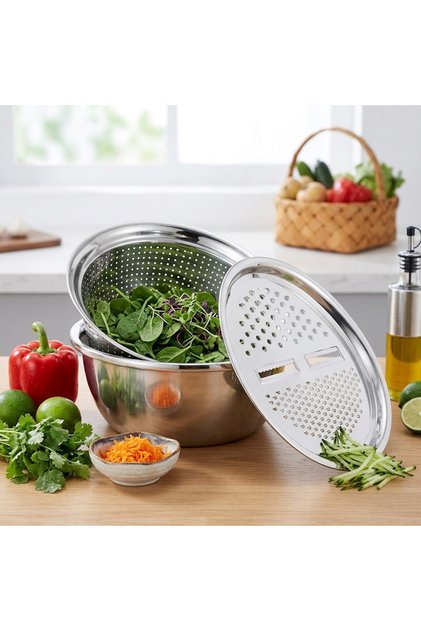 3-Piece Stainless Steel Grater & Strainer Mixer Bowl Set - Multi-Purpose Kitchen Prep Set