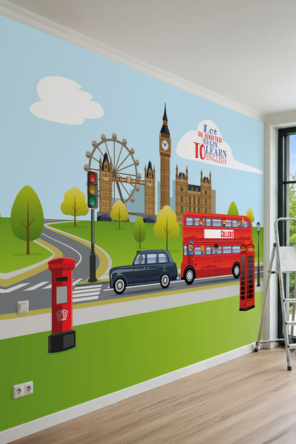 Londra Simgeleri, Big Ben, Kırmızı Çift Katlı Otobüs ve Telefon Kulübesi Motifli Tek Parça Tekstil Duvar Kağıdı