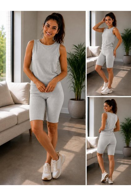 Women's Cotton Camisole Ribbed Fabric Top-Bottom Crewneck Tank Top Set
