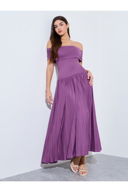 Purple Pleated Off Shoulder A-Line Maxi Dress