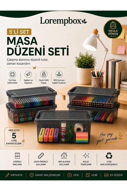 5-Piece 5 L Table Layout Storage Box Set | Anthracite Organizer Box with Lockable Lid, Stationery and Hobby Organizer