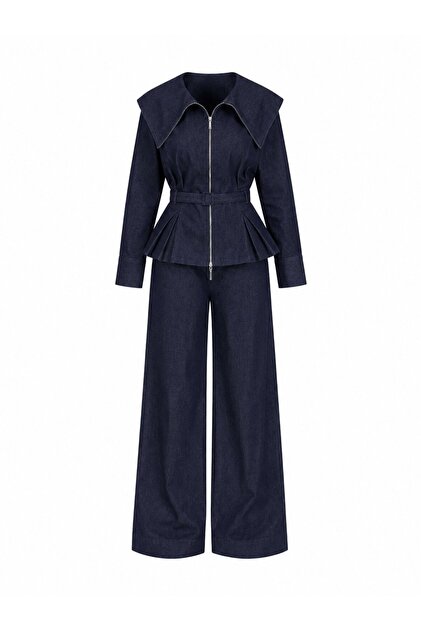 Navy Blue Belted Denim Suit - Tk8002