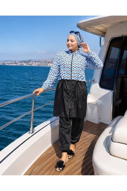 Zippered, Digitally Printed, Lace-Up Waist Hijab Swimsuit with a Hat as a Gift - Turquoise Black