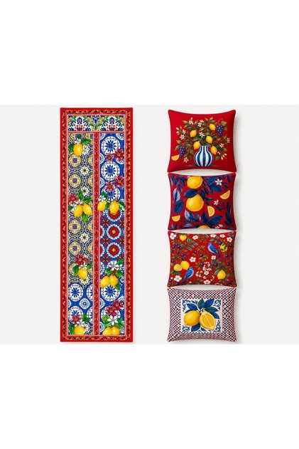 R'Eyla Rosso Amalfi 5 Piece Decorative Set – 4 Throw Pillow Covers + 1 Runner – Lemon Patterned