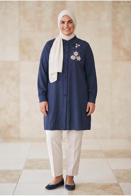 Plus Size Stone and Embroidery Printed Linen Tunic