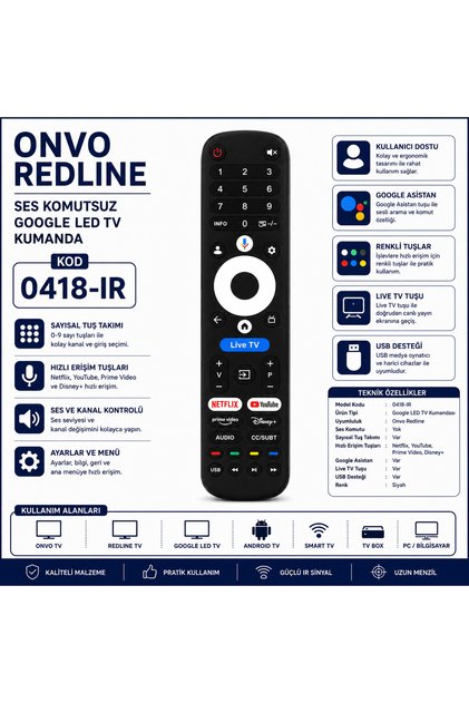 0418-IR Onvo Redline Ses Komutsuz Google LED TV Kumandası Netflix YouTube Prime Video Disney+ Uyumlu