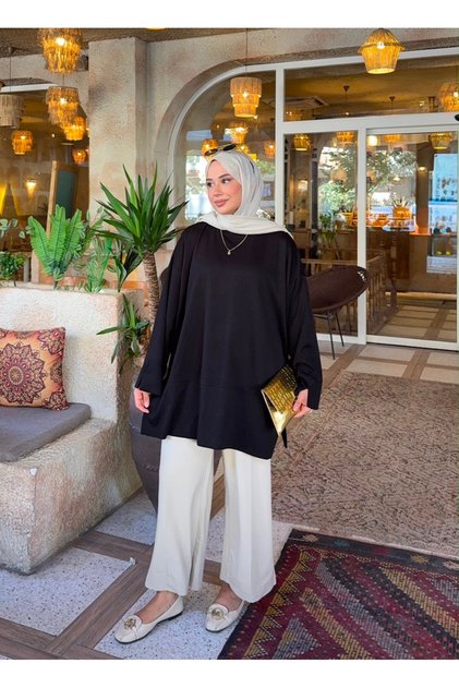 Oversize Yırtmaç Detaylı Modal Kumaş Tesettür Tunik