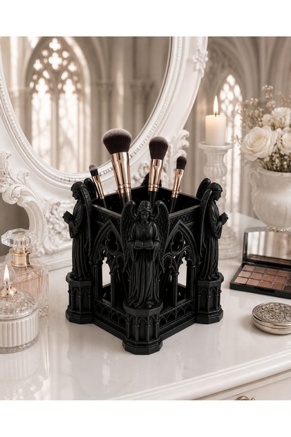 Gothic Makeup Brush Organizer – Decorative Cosmetic and Pen Holder with Angel Figure, Organizer