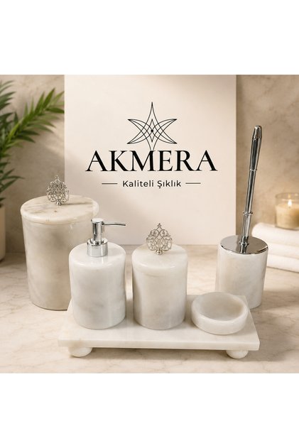 6 Parça Doğal Mermer Banyo Seti – Osmanlı Motifli Kulplu Gold & Gümüş