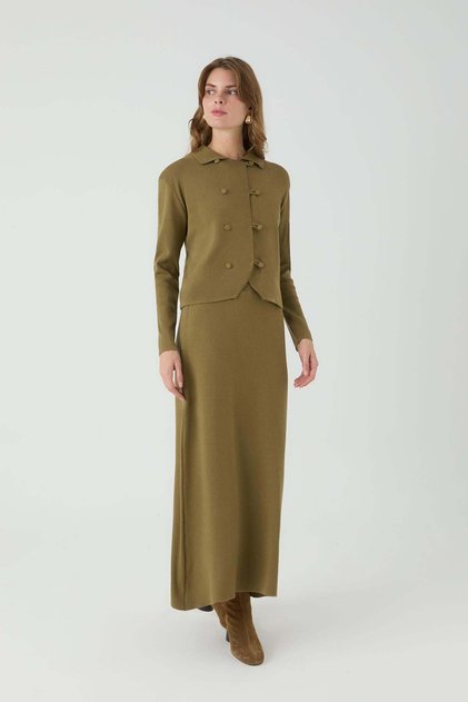 Söğüt Tri̇ko Skirt Suit Oil Green